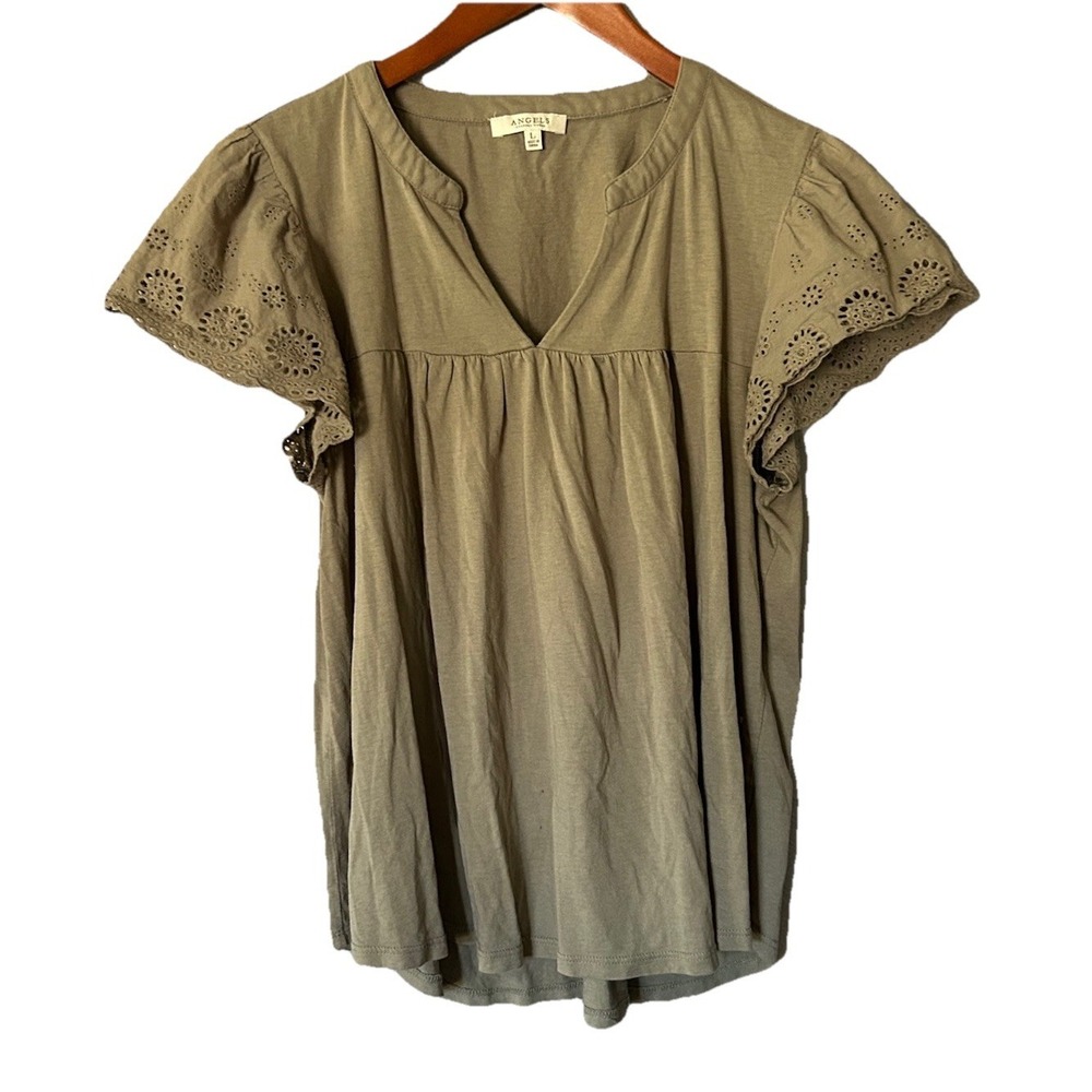 Angles Forever Young Olive V Neck Top Eyelet Lace Sleeves Forest Fairy Boho